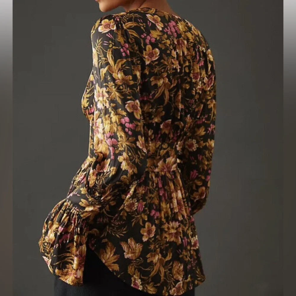 NEW Anthropologie Deep-V Floral Tunic Blouse-Size Small - Picture 3 of 16